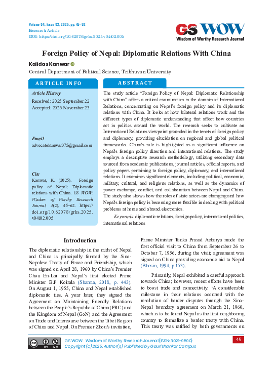 (PDF) Foreign Policy of Nepal: Diplomatic Relations With China