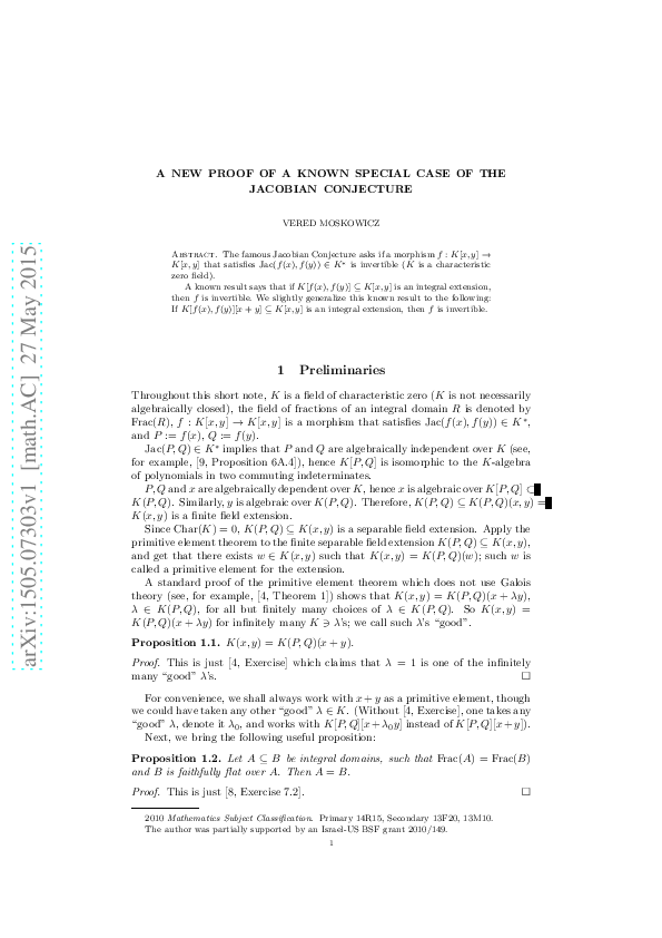 (PDF) A new proof of a known special case of the Jacobian Conjecture