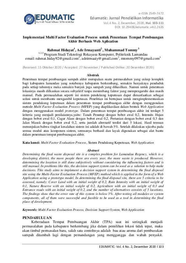 (PDF) Implementasi Multi Factor Evaluation Process untuk Penentuan ...