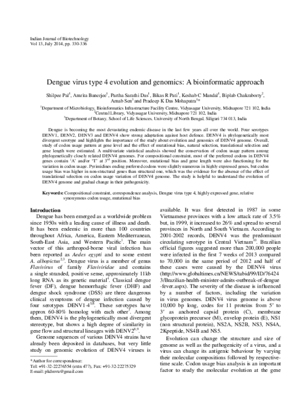 (PDF) Dengue virus type 4 evolution and genomics: A bioinformatic approach
