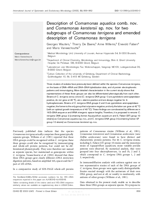 (PDF) Description of Comamonas aquatica comb. nov. and Comamonas ...