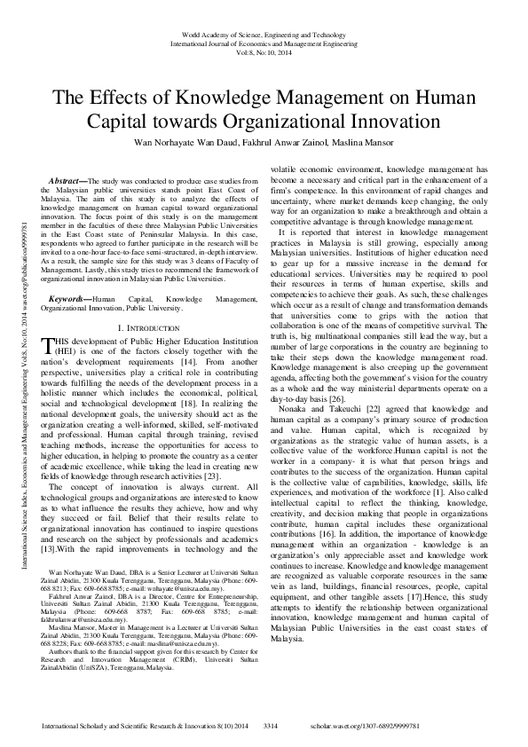 (PDF) The Effects Of Knowledge Management On Human Capital Towards ...