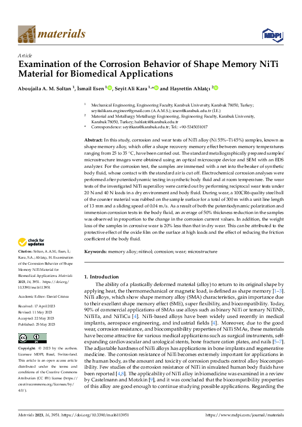 (PDF) Examination of the Corrosion Behavior of Shape Memory NiTi ...