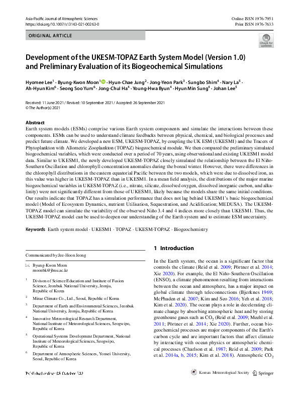 (PDF) Development of the UKESM-TOPAZ Earth System Model (Version 1.0 ...
