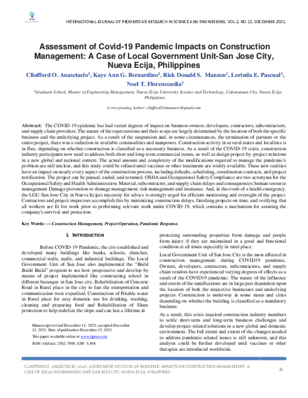 (PDF) Assessment of Covid-19 Pandemic Impacts on Construction ...