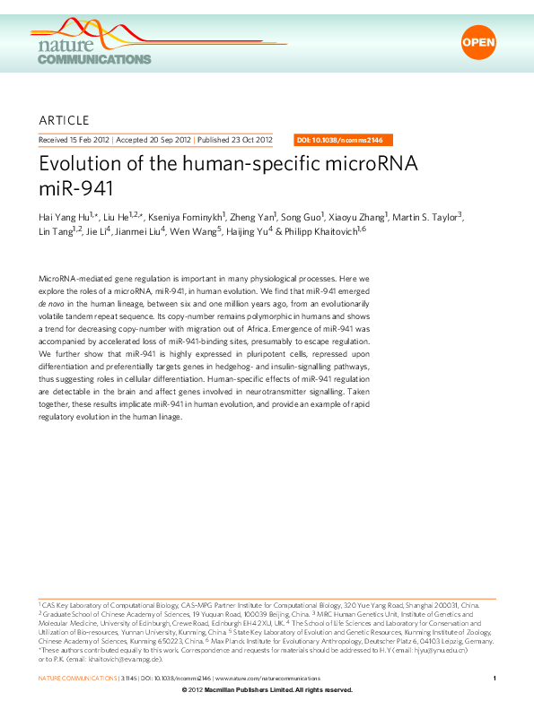 (PDF) Evolution of the human-specific microRNA miR-941