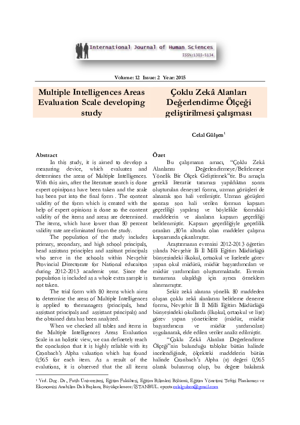 (PDF) Multiple Intelligences Areas Evaluation Scale developing ...