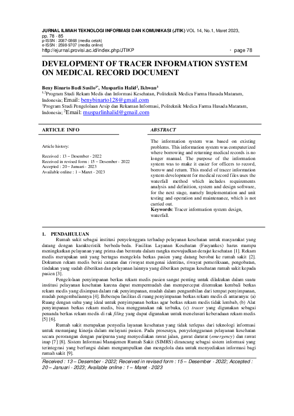 (PDF) Development of Tracer Information System on Medical Record Document