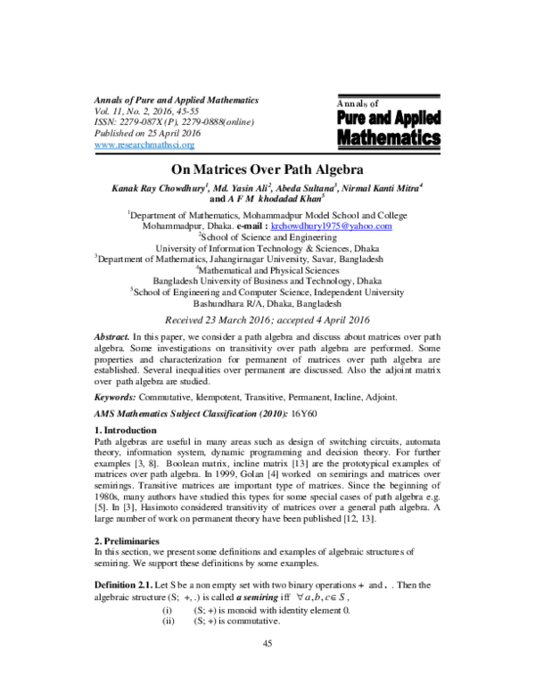 (PDF) Annals of On Matrices Over Path Algebra