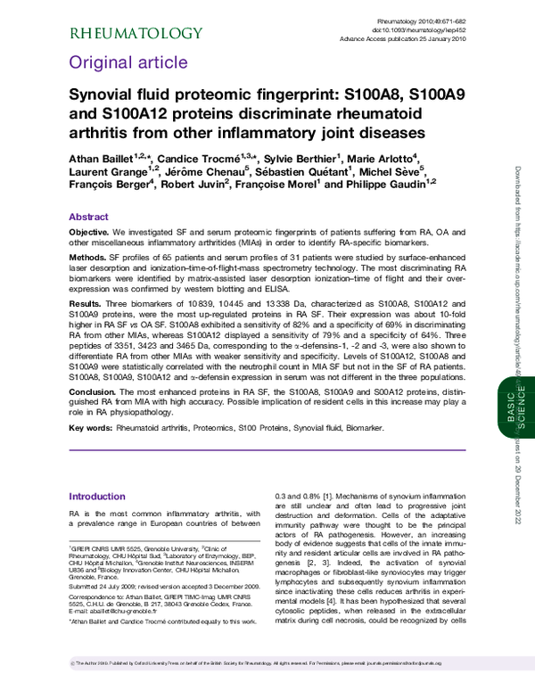 (PDF) Synovial fluid proteomic fingerprint: S100A8, S100A9 and S100A12 ...
