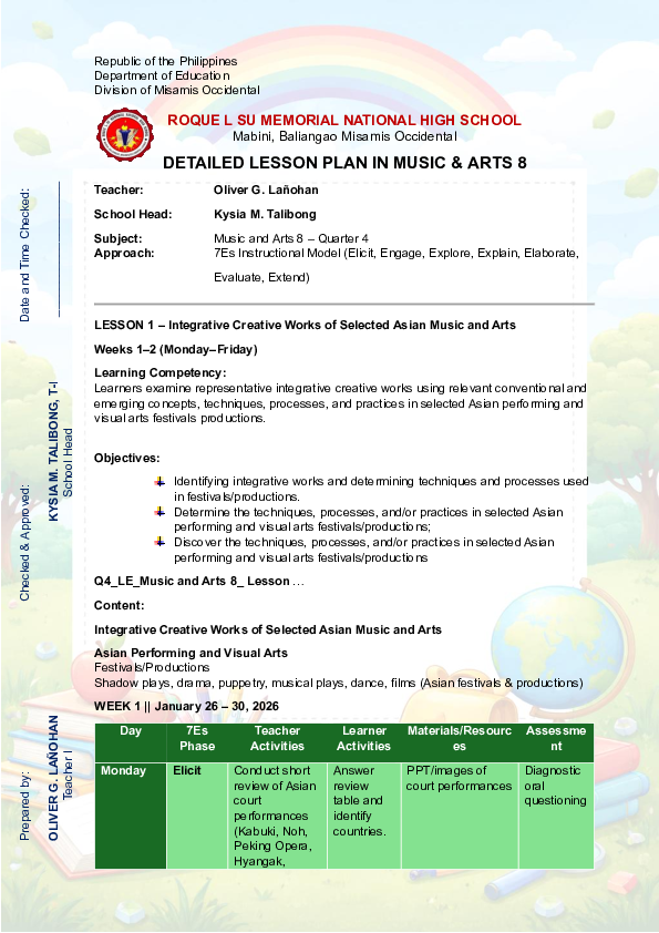 (PDF) MAPEH 8 || MUSIC AND ARTS DETAILED LESSON PLAN || QUARTER 4 ...