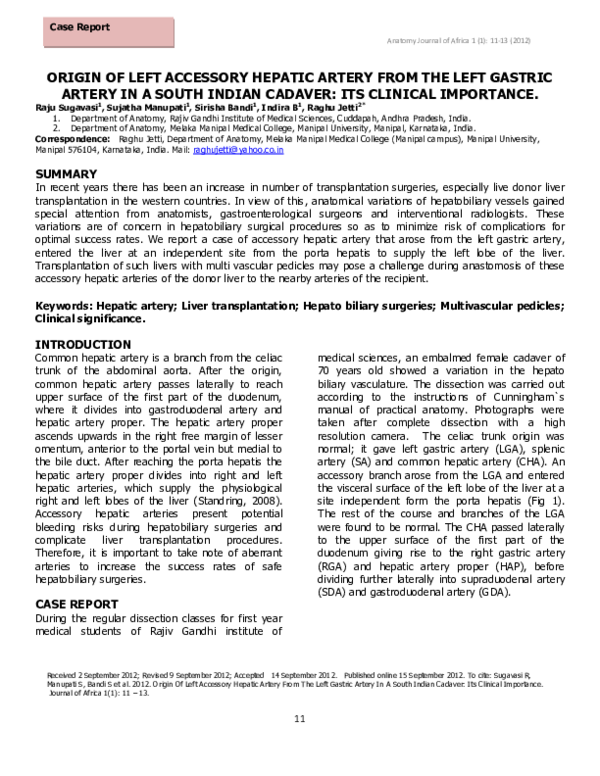 (PDF) ORIGIN OF LEFT ACCESSORY HEPATIC ARTERY FROM THE LEFT GASTRIC ...