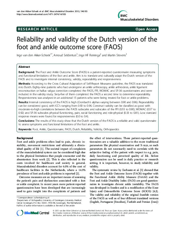 (PDF) Reliability and validity of the Dutch version of the foot and ...