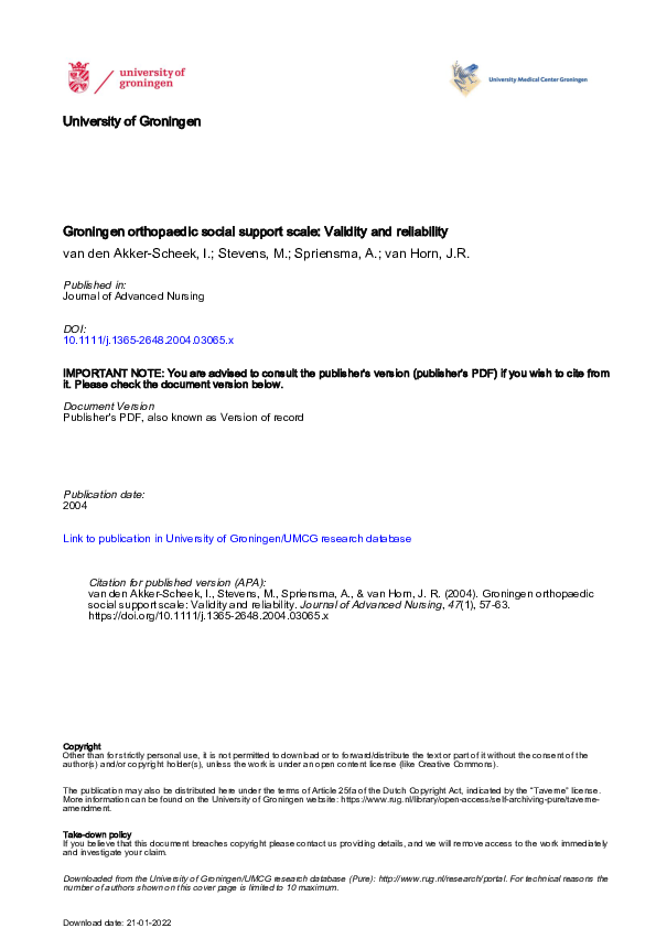 (PDF) Groningen Orthopaedic Social Support Scale: validity and reliability