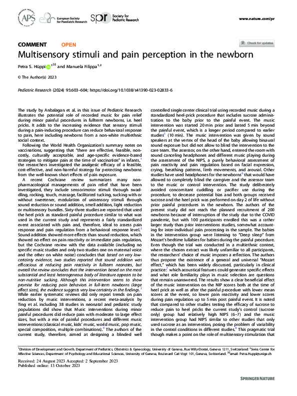 (PDF) Multisensory stimuli and pain perception in the newborn