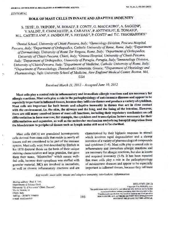 (PDF) Role of mast cells in innate and adaptive immunity