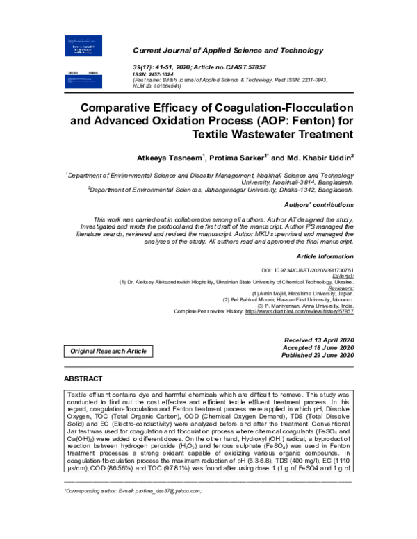 (PDF) Comparative Efficacy of Coagulation-Flocculation and Advanced ...