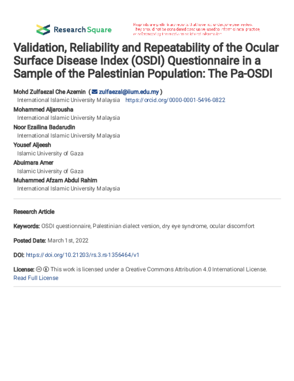 (PDF) Validation, Reliability and Repeatability of the Ocular Surface ...