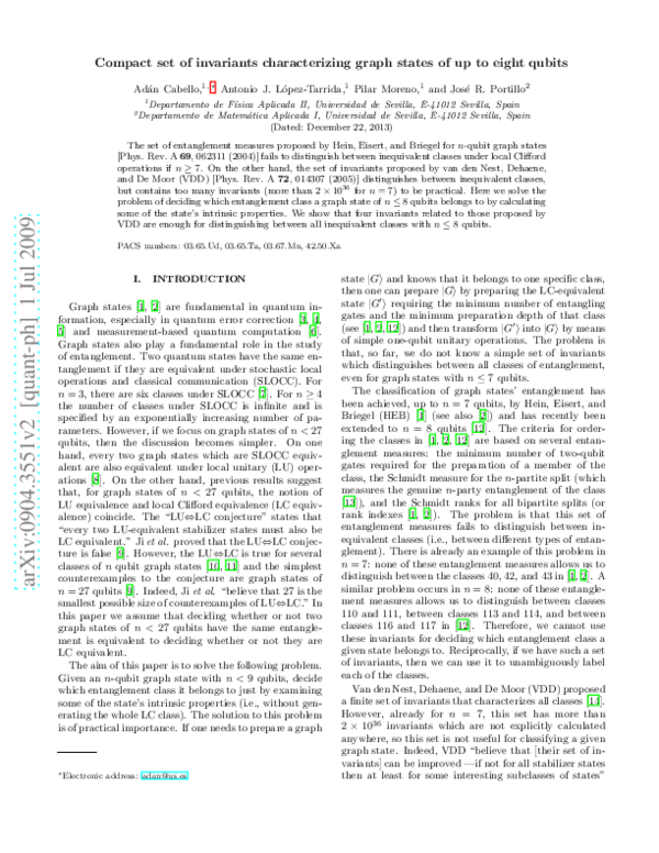 (PDF) Compact set of invariants characterizing graph states of up to ...