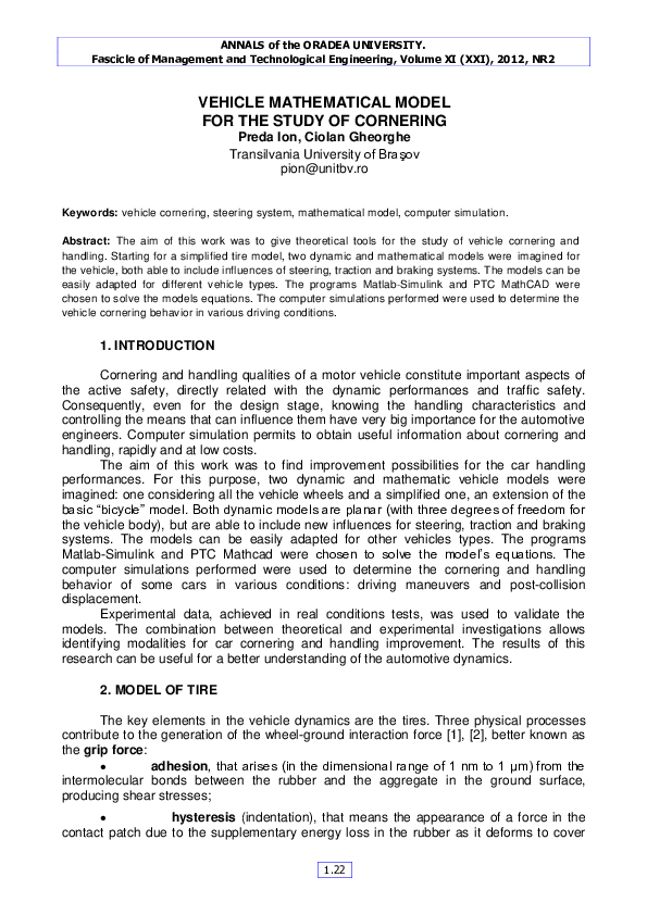 (PDF) Vehicle Mathematical Model for the Study of Cornering