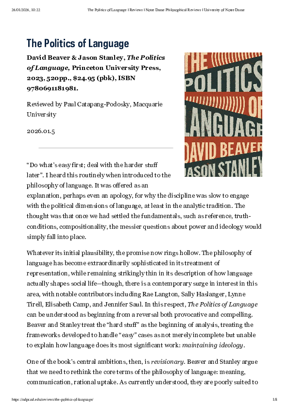(PDF) [REVIEW] The Politics of Language, David Beaver & Jason Stanley