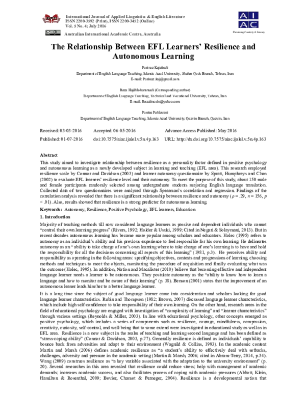 (PDF) The Relationship Between EFL Learners’ Resilience and Autonomous ...