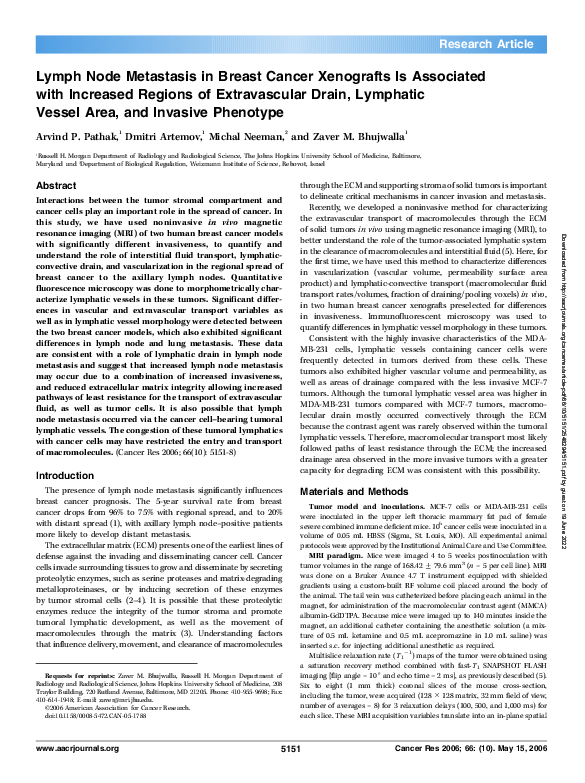 (PDF) Lymph Node Metastasis in Breast Cancer Xenografts Is Associated ...