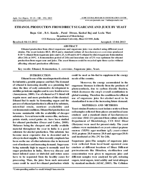 (PDF) Ethanol production from direct sugarcane and juice by yeast