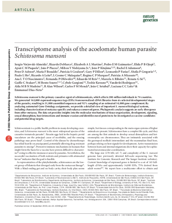 (PDF) Transcriptome analysis of the acoelomate human parasite ...