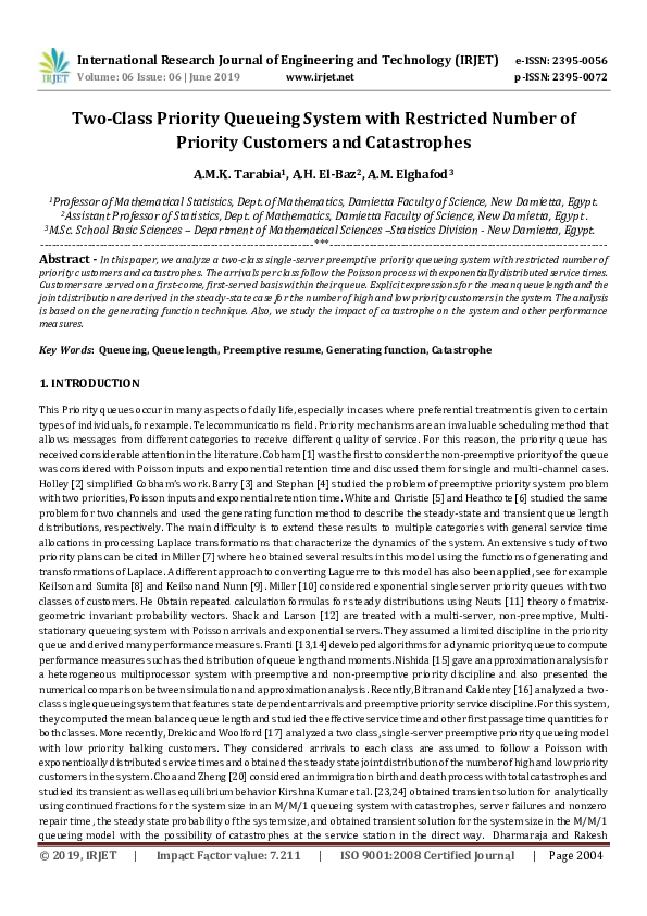 (PDF) Two-class priority queueing system with restricted number of ...