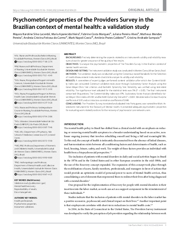 (PDF) Psychometric properties of the Providers Survey in the Brazilian ...