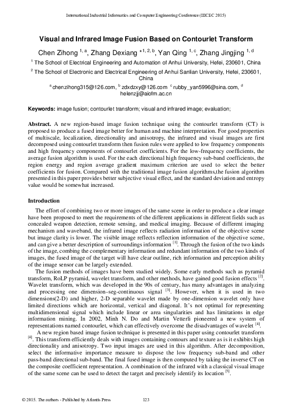 (PDF) Visual and Infrared Image Fusion Based on Contourlet Transform