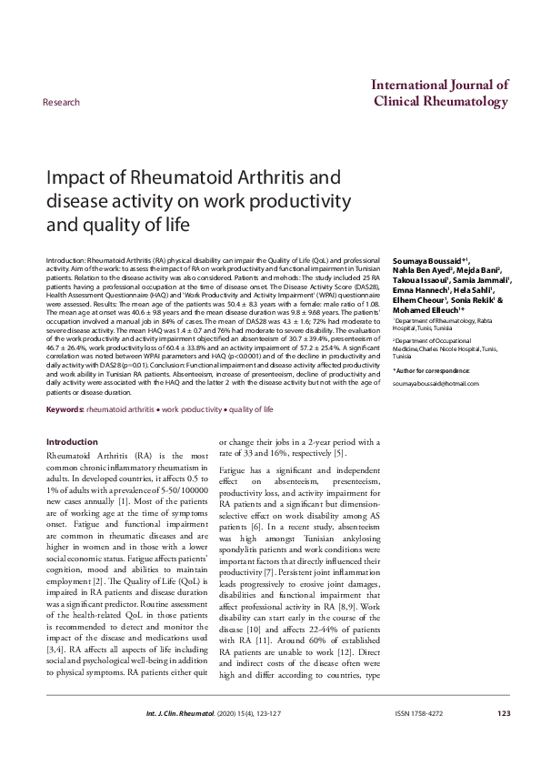 (PDF) Impact of Rheumatoid Arthritis and disease activity on work ...