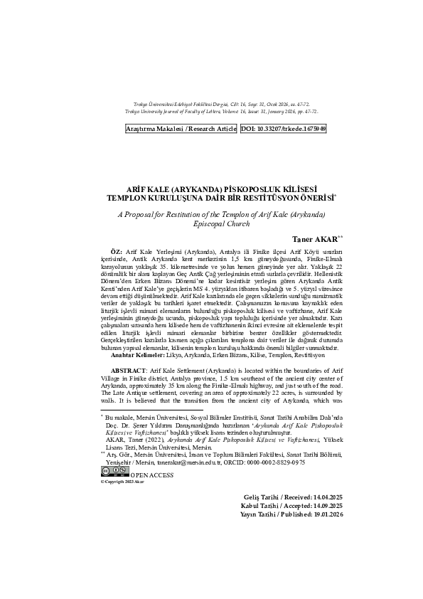 (PDF) ARİF KALE (ARYKANDA) PİSKOPOSLUK KİLİSESİ TEMPLON KURULUŞUNA DAİR ...