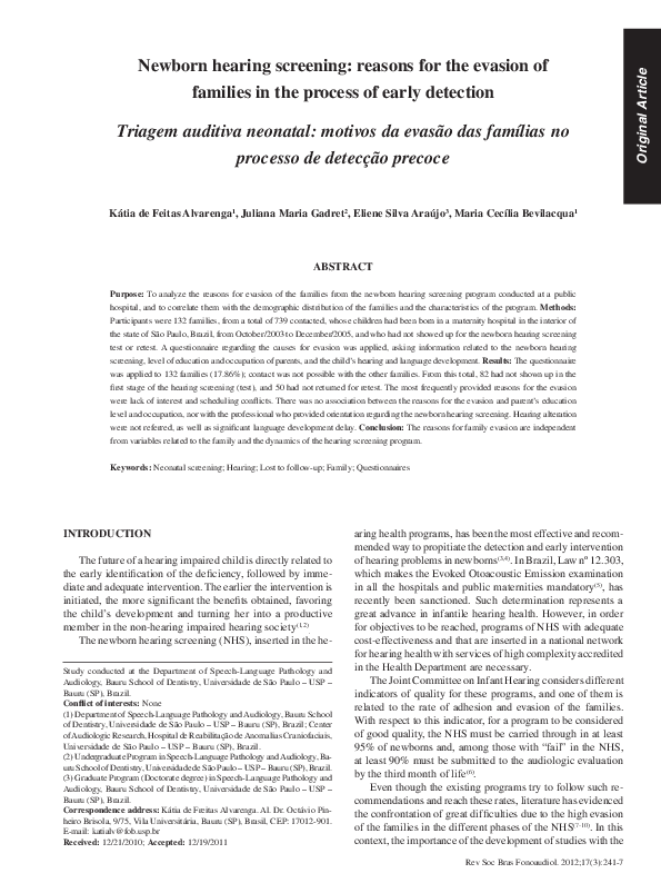 (PDF) Newborn hearing screening: reasons for the evasion of families in ...