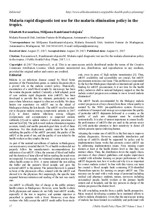 (PDF) Malaria rapid diagnostic test use for the malaria elimination ...