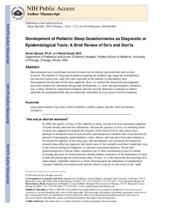 (PDF) Development of pediatric sleep questionnaires as diagnostic or ...