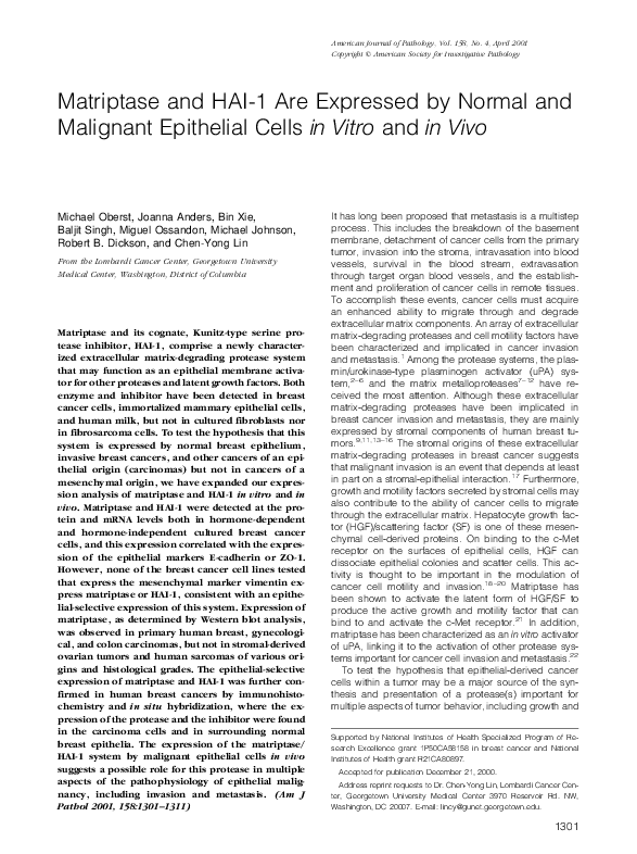 (PDF) Matriptase and HAI-1 Are Expressed by Normal and Malignant ...