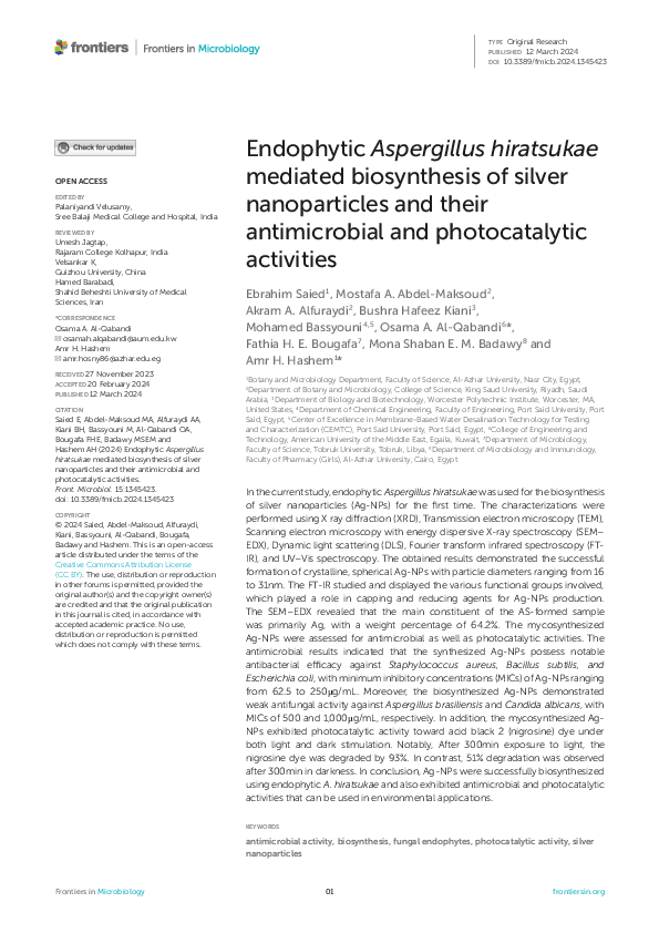 (PDF) Endophytic Aspergillus hiratsukae mediated biosynthesis of silver ...