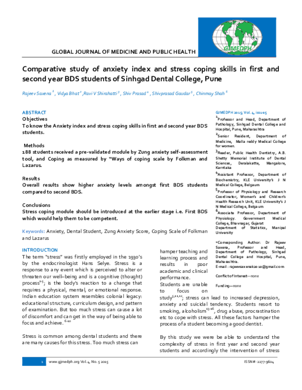 (PDF) Comparative study of anxiety index and stress coping skills in ...