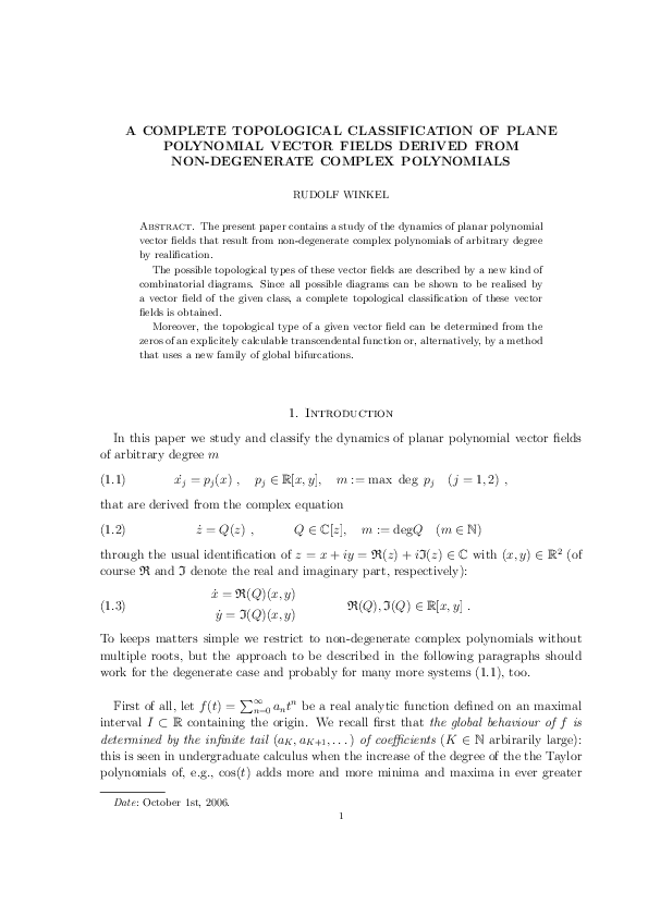 (PDF) A Complete Topological Classification of Plane Polynomial Vector ...