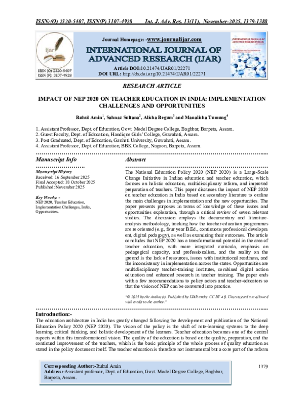 (PDF) IMPACT OF NEP 2020 ON TEACHER EDUCATION IN INDIA: IMPLEMENTATION ...