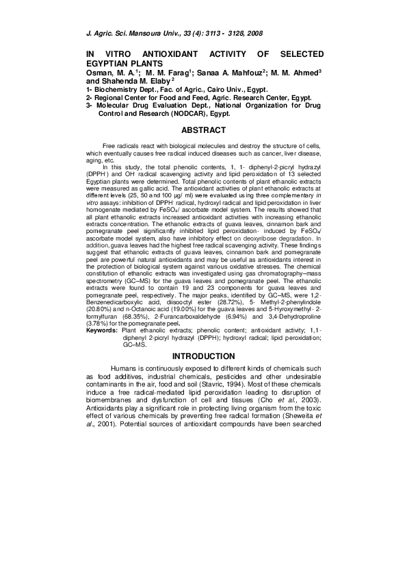 (PDF) In Vitro Antioxidant Activity of Selected Egyptian Plants