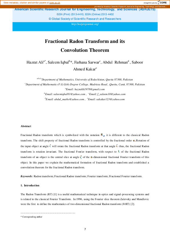 (PDF) Fractional Radon Transform and its Convolution Theorem