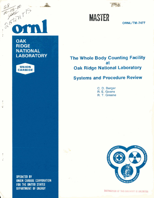 (PDF) Whole body counting facility at Oak Ridge National Laboratory ...