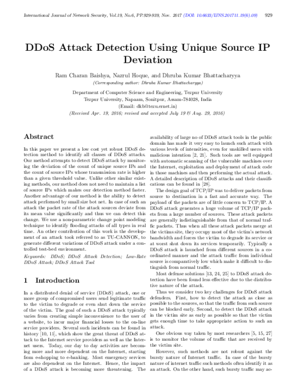 (PDF) DDoS Attack Detection Using Unique Source IP Deviation