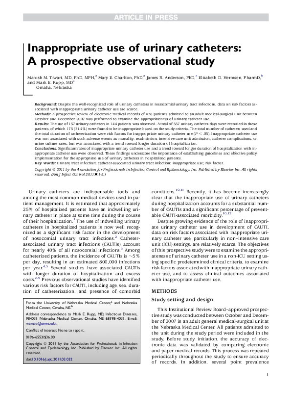 (PDF) Inappropriate use of urinary catheters: A prospective ...