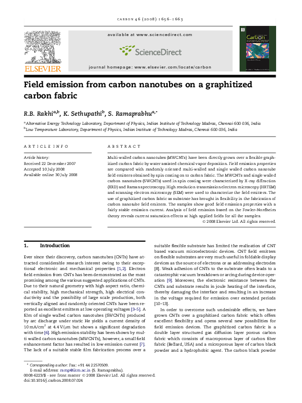 (PDF) Field emission from carbon nanotubes on a graphitized carbon fabric