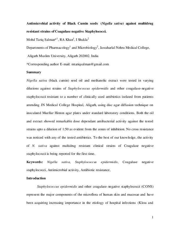 First page of “Antimicrobial activity of Black Cumin seeds (Nigella sativa) against multidrug resistant strains of Coagulase negative Staphylococci. ”