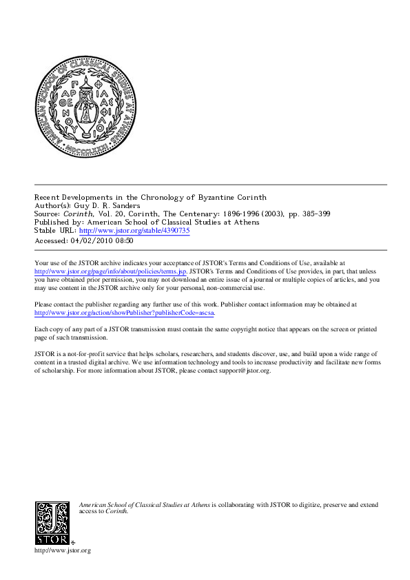 Recent Developments In the Chronology of Byzantine Corinth